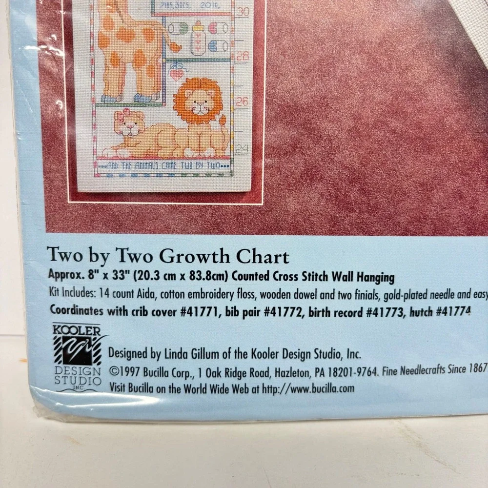 Vintage Bucilla Cross Stitch Kit Baby Growth Chart Noahs Ark 41775 1990s Pastel